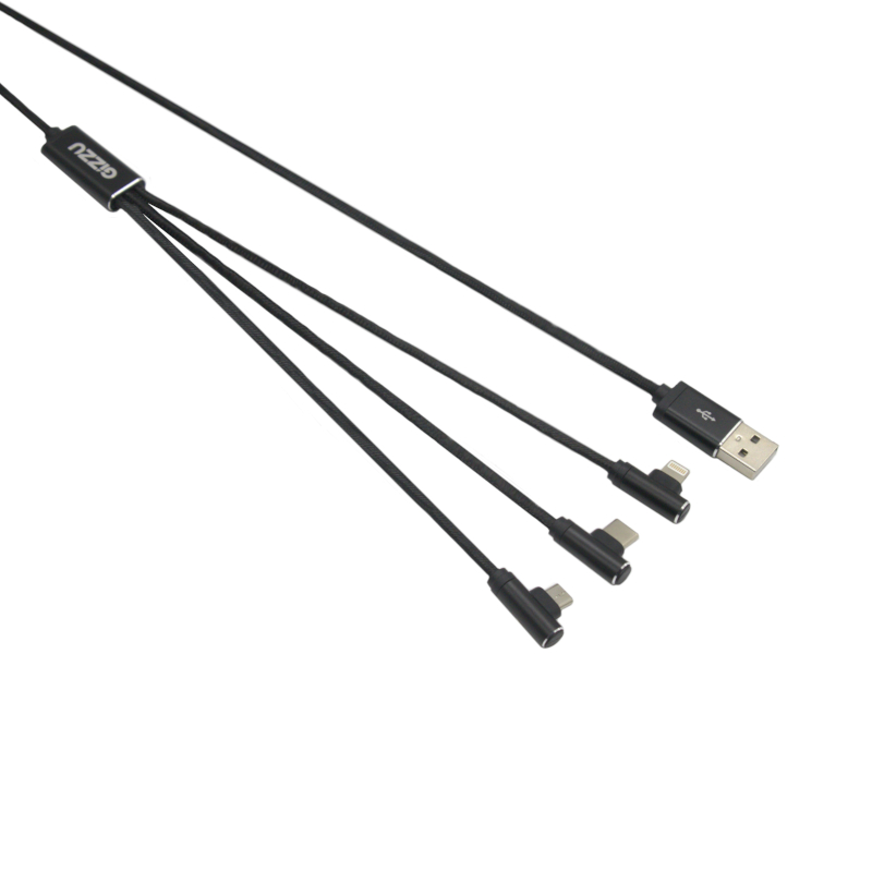 GIZZU 3in1 USB to Micro USB/Type-C/Lightning Right Angle 1.2M Cable - Black