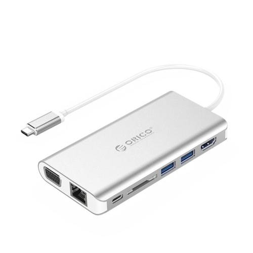 Orico Type-C to 1 x HDMI|1 x RJ45|2 x USB3.0|1 x USB-C (PD Port)|1 x VGA|1 x SD Slot|1 x 3.5mm Aux [1 x Headset] Universal Docking Station - Silver